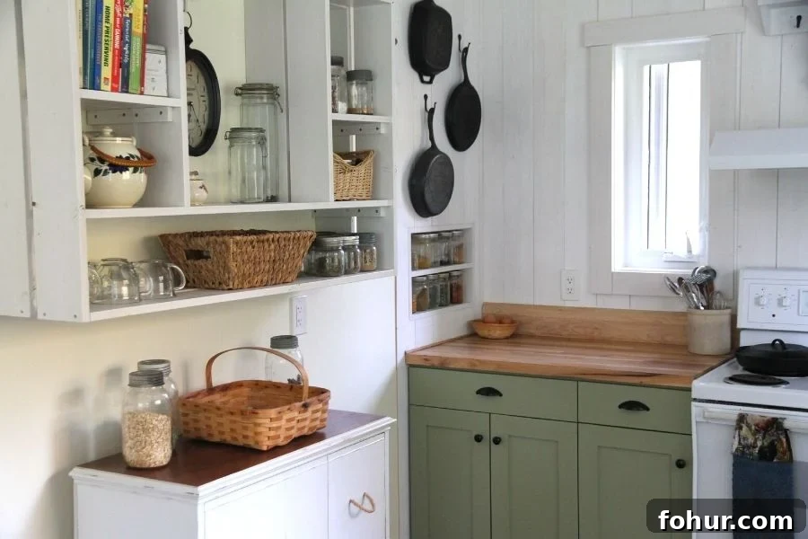 An open shelf and counter along the wall of my cottage kitchen