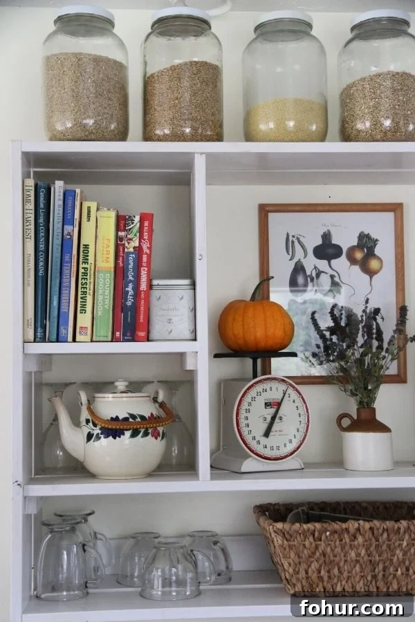 An open kitchen shelf with cookbooks, teapot, mugs and jars of dry goods