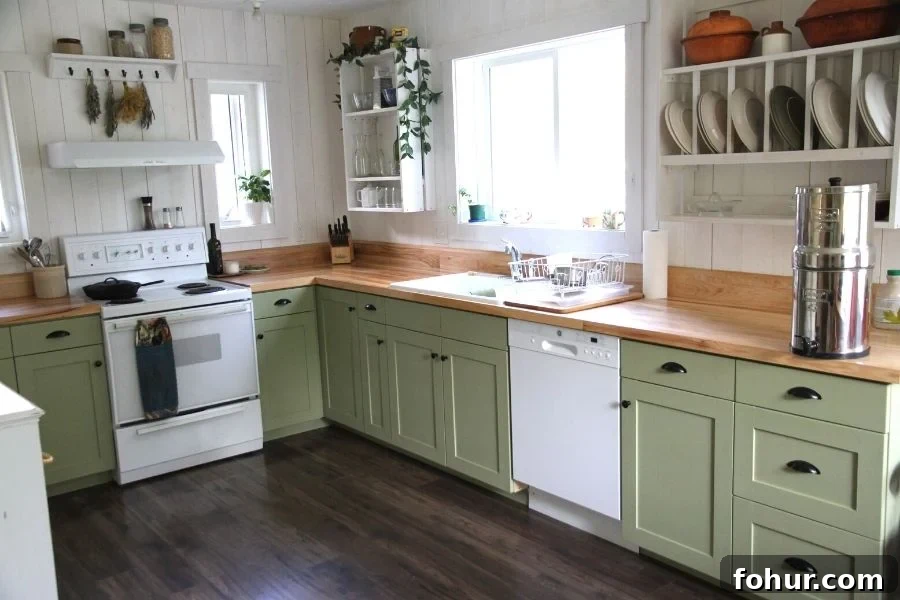 A long wood counter with green cabinets and open upper shelving