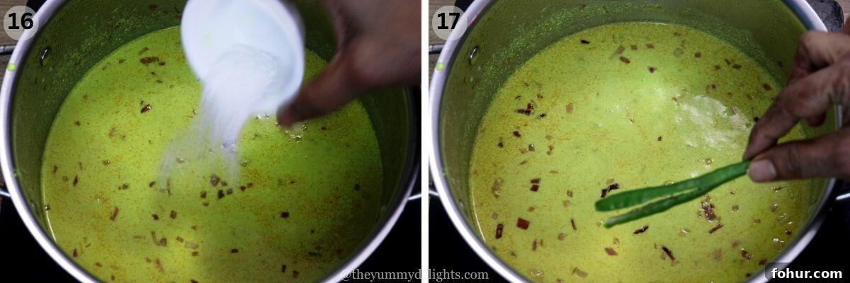 Authentic Goan Pomfret Caldine (Caldinho) Recipe 11 collage image of 2 steps showing addition of salt and green chilies to caldine curry.
