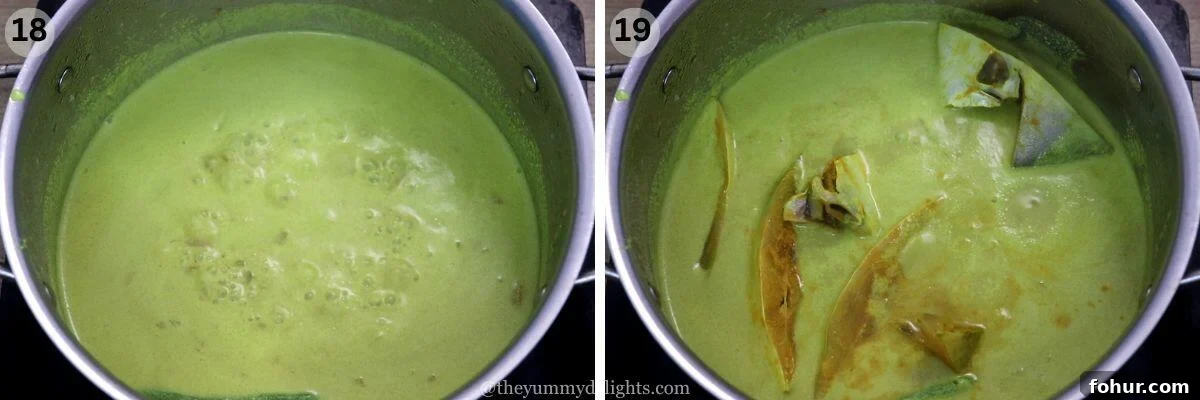 Authentic Goan Pomfret Caldine (Caldinho) Recipe 12 collage image of 2 steps showing addition of Pomfret fish to creamy coconut milk based sauce.