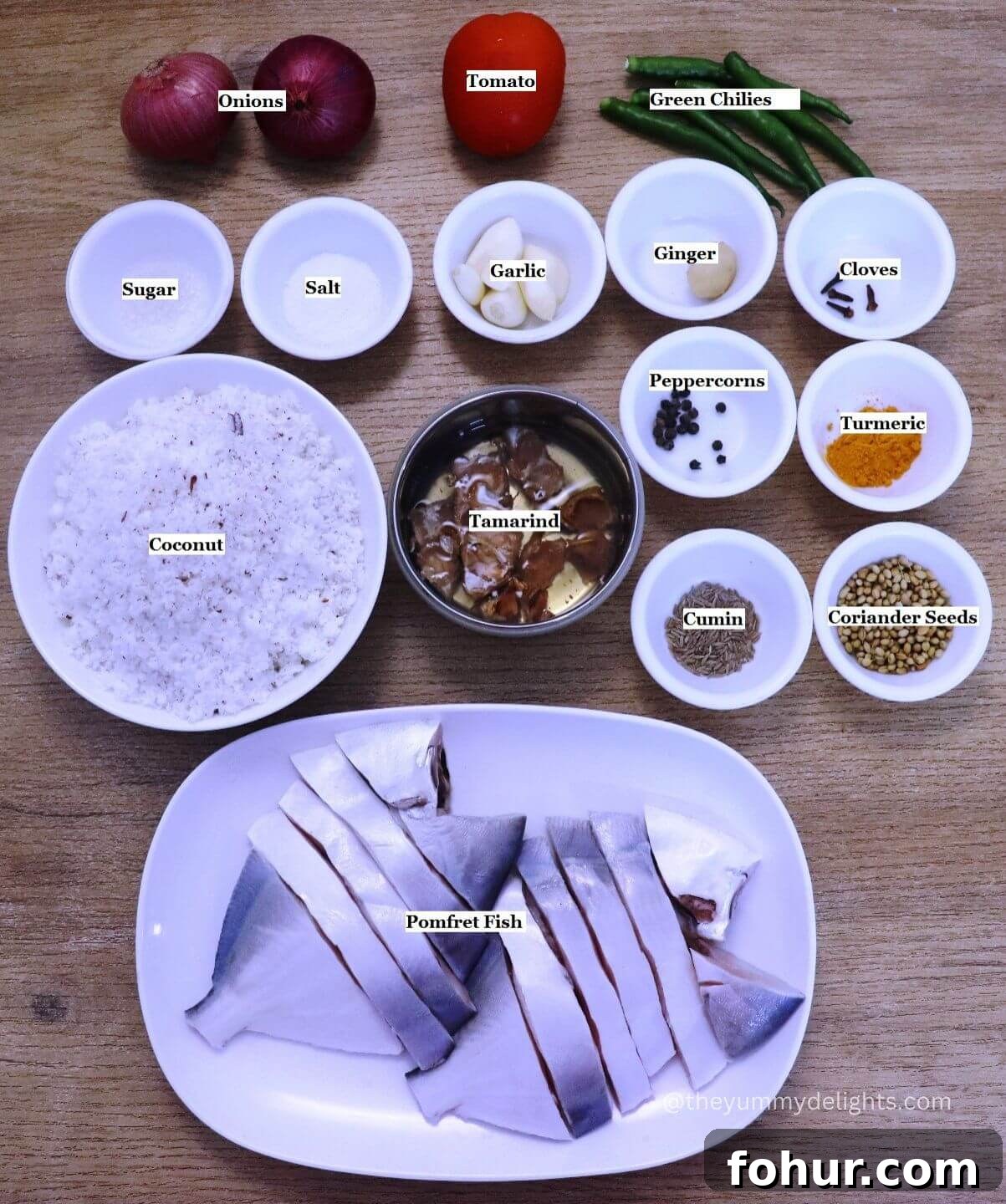 Authentic Goan Pomfret Caldine (Caldinho) Recipe 3 individually labeled ingredients to make goan caldine curry are laid out on a table.