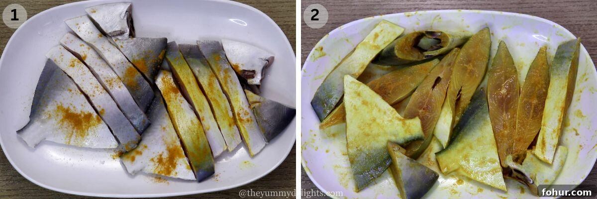 Authentic Goan Pomfret Caldine (Caldinho) Recipe 4 collage image of 2 steps showing marinating the fish with turmeric and salt.