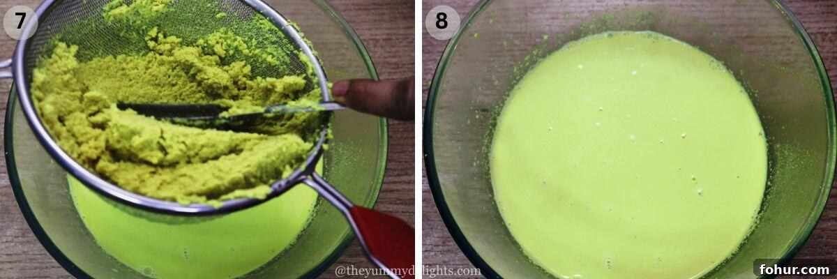 Authentic Goan Pomfret Caldine (Caldinho) Recipe 7 collage image of 2 steps showing extracting the coconut milk from the ground coconut paste.