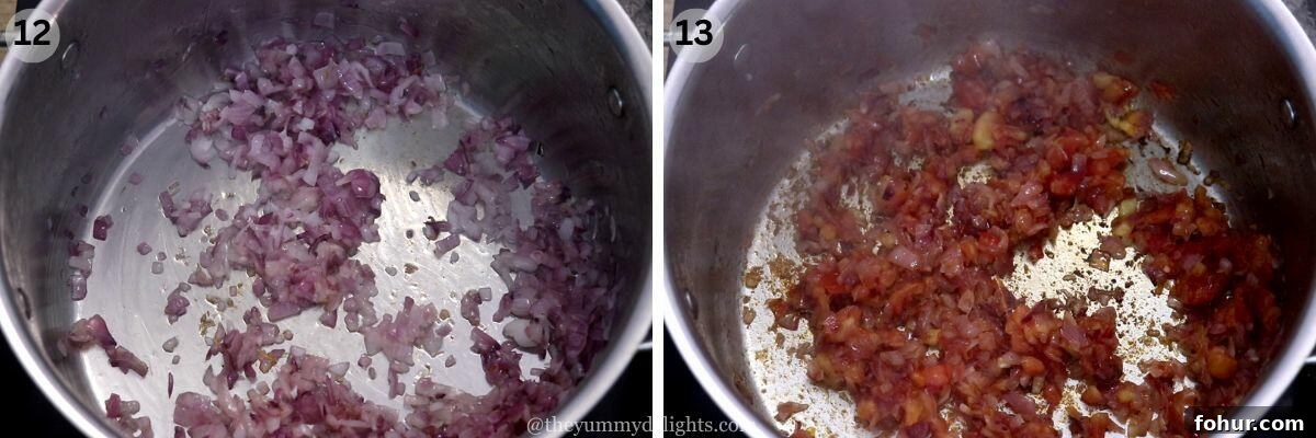 Authentic Goan Pomfret Caldine (Caldinho) Recipe 9 collage image of 2 steps showing sauteing tomato and onions to make goan caldine curry.