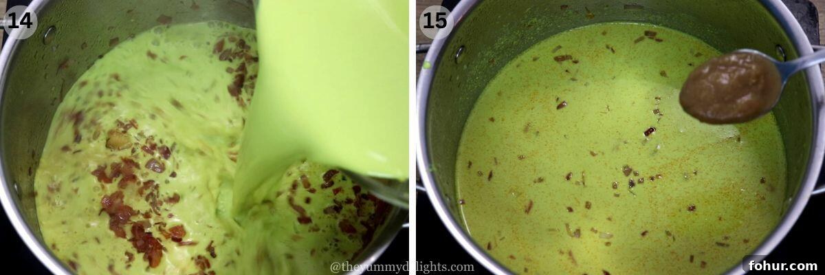 Authentic Goan Pomfret Caldine (Caldinho) Recipe 10 collage image of 2 steps showing addition of coconut milk extract and tamarind paste to make caldine curry.