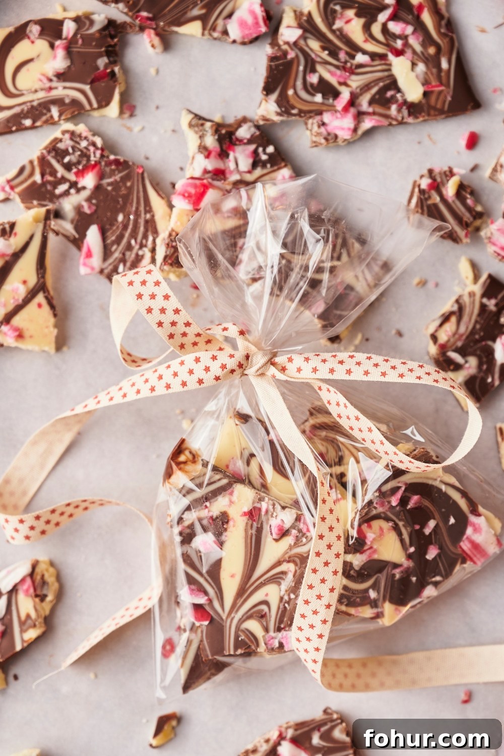No-Bake Peppermint Bark Ready in 5 Minutes 2 Peppermint bark pieces on parchment paper. A small clear bag of peppermint bark is tied with a ribbon and sitting in the middle of the peppermint bark pieces.