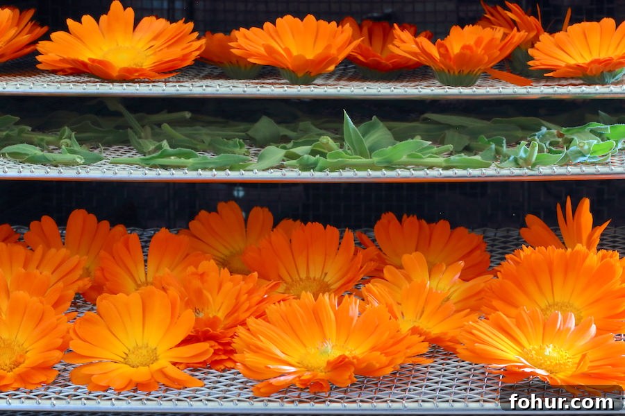 Calendula blossoms and stems/leaves on stainless steel shelves in dehydrator
