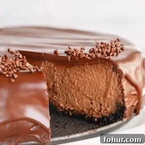 Decadent Chocolate Cheesecake Recipe with Ganache 9 Supreme chocolate cheesecake with a slice missing.
