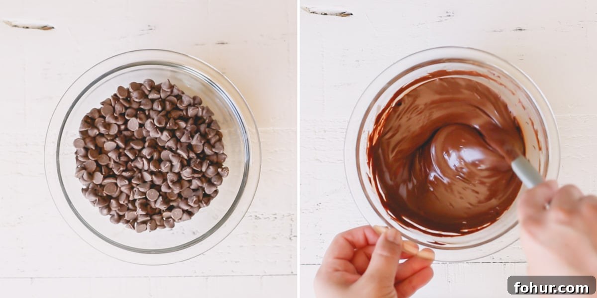 Decadent Chocolate Cheesecake Recipe with Ganache 4 Chocolate chips being melted to make ganache.