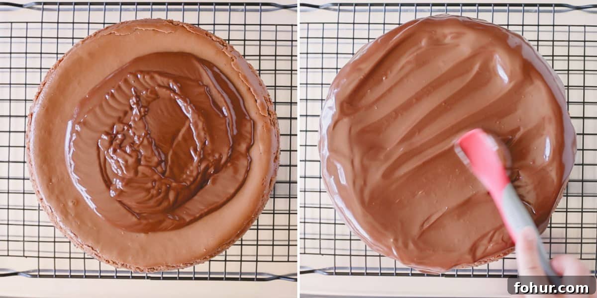 Decadent Chocolate Cheesecake Recipe with Ganache 6 Chocolate ganache being spread over a supreme chocolate cheesecake.