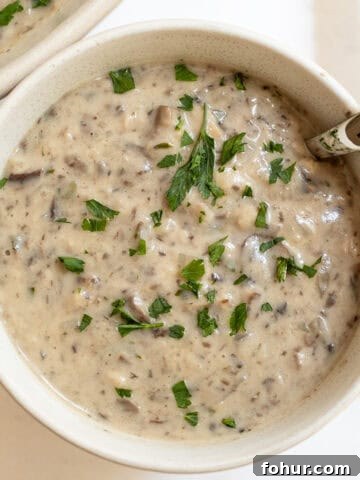 Creamy mushroom soup in a cup with a spoon.