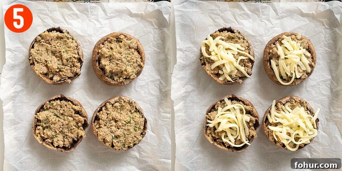 Italian-Style Baked Stuffed Portobello Mushrooms 8 Prepping mushrooms with sausage and mozzarella cheese.
