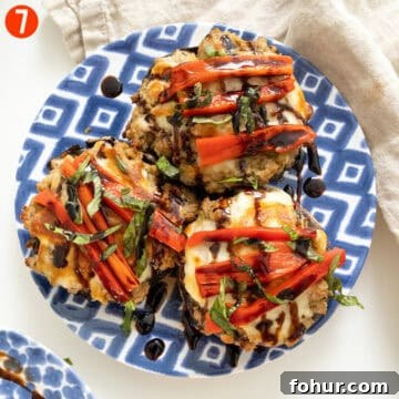 Italian-Style Baked Stuffed Portobello Mushrooms 10 Baked stuffed mushrooms topped with roasted red peppers, basil, and balsamic glaze.
