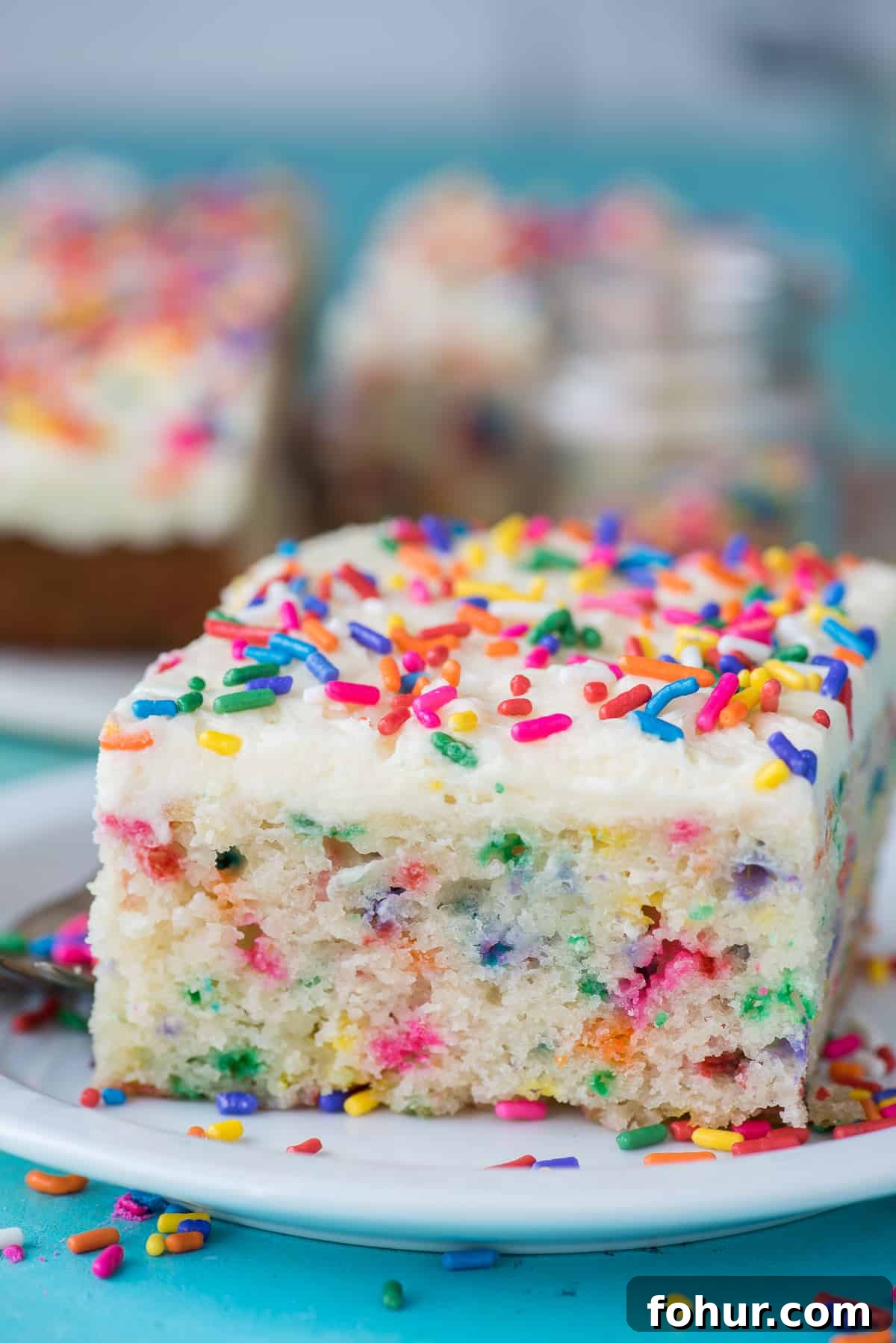 How to Make a Classic Funfetti Cake 7 a piece of funfetti cake on a white plate on teal background