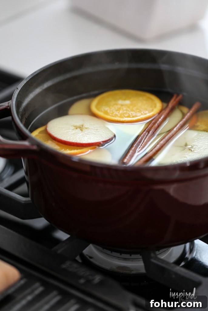Apple Cider Mulled Wine in a pot simmer on the stove.