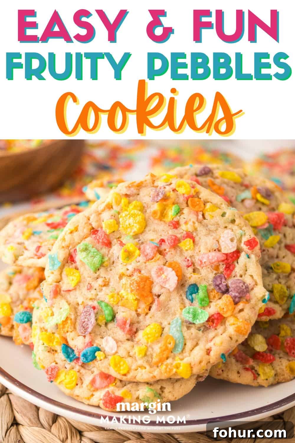 Fruity Pebbles Cookies Recipe for Crispy Colorful Treats 2 close-up view of several Fruity Pebbles cookies on a white plate.