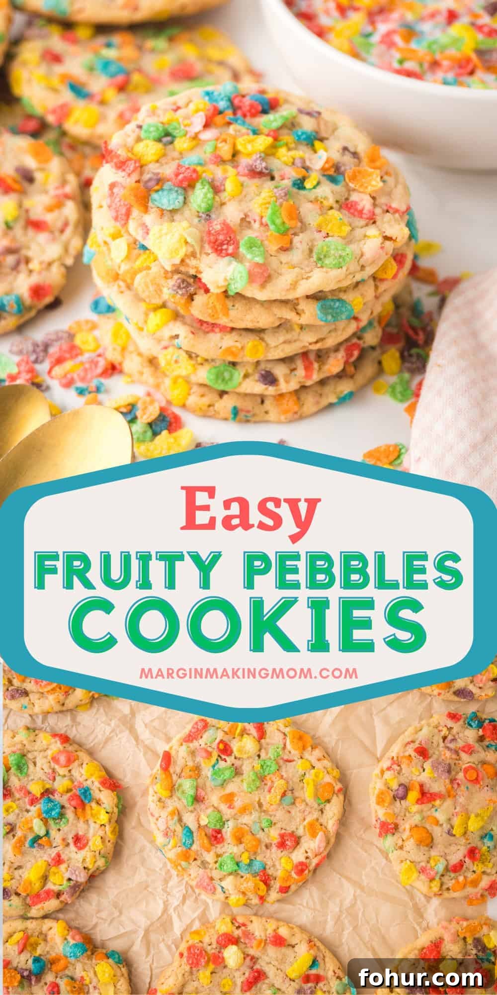 Fruity Pebbles Cookies Recipe for Crispy Colorful Treats 10 Two photos; one shows a stack of Fruity Pebbles cookies; the other shows the cookies on parchment paper after being baked.
