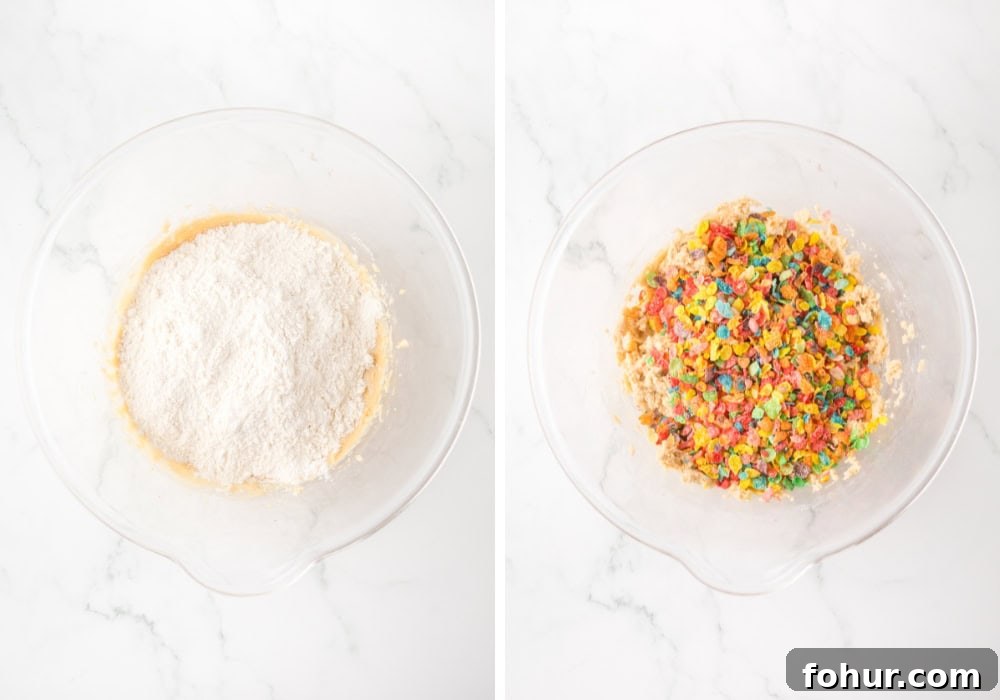Fruity Pebbles Cookies Recipe for Crispy Colorful Treats 6 dry ingredients added to mixing bowl and Fruity Pebbles cereal added.