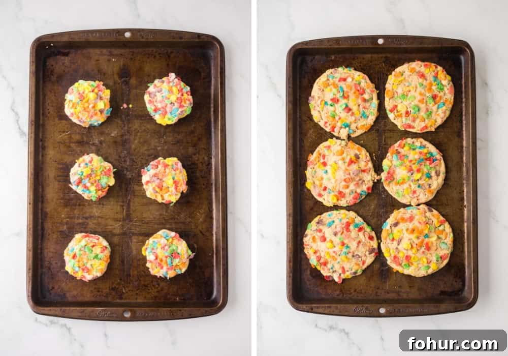 Fruity Pebbles Cookies Recipe for Crispy Colorful Treats 7 cookie dough rounds on a baking sheet and freshly baked cookies topped with Fruity Pebbles.