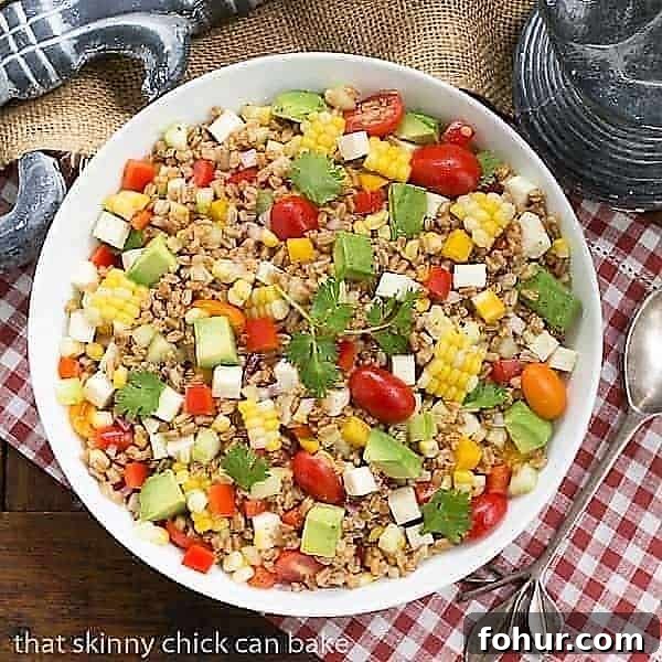 Summer Farro Salad in a white serving bowl from above