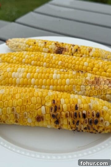 Close-up of grilled sweet corn with lightly charred kernels.