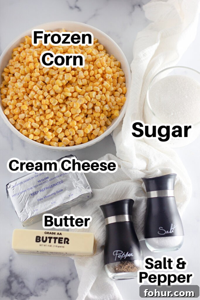 ingredients for corn in a skillet on a marble counter