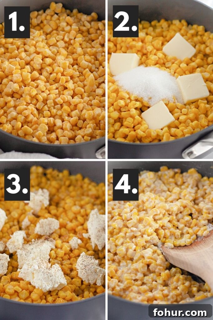 collage of how to cook skillet corn on the stovetop with steps on how it is made
