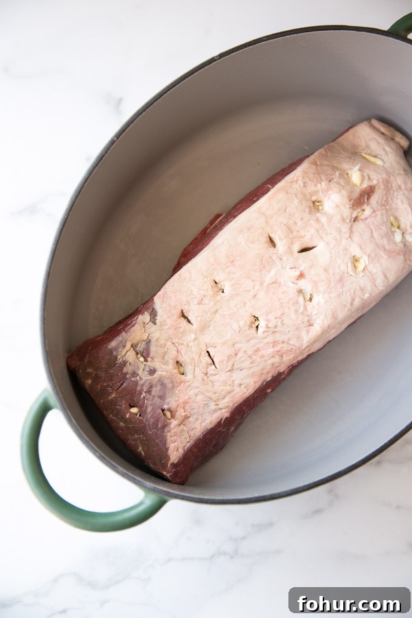 Passover Brisket Recipe for Any Jewish Holiday Dinner 2 jewish brisket stuffed with garlic cloves in a roasting pan before the oven