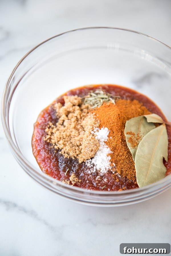 Passover Brisket Recipe for Any Jewish Holiday Dinner 4 spices, brown sugar, bay leaves and ketchup in a bowl for the brisket sauce