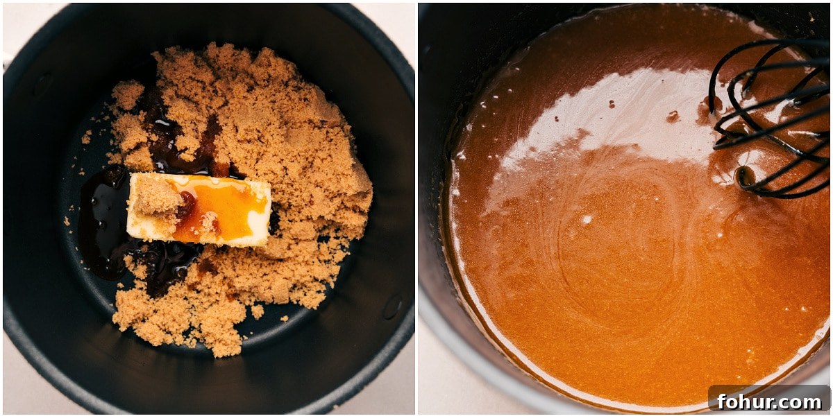 The caramel syrup I drizzle over this French toast recipe being made in a pot.