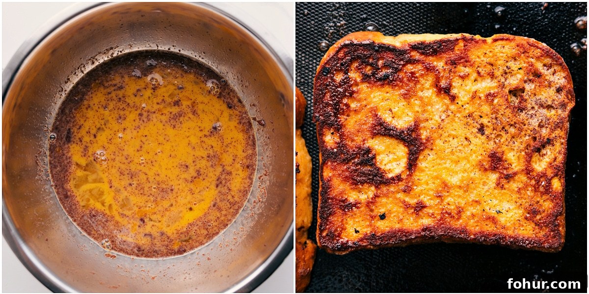Egg mixture in a bowl with bread being dipped, then cooked until golden.