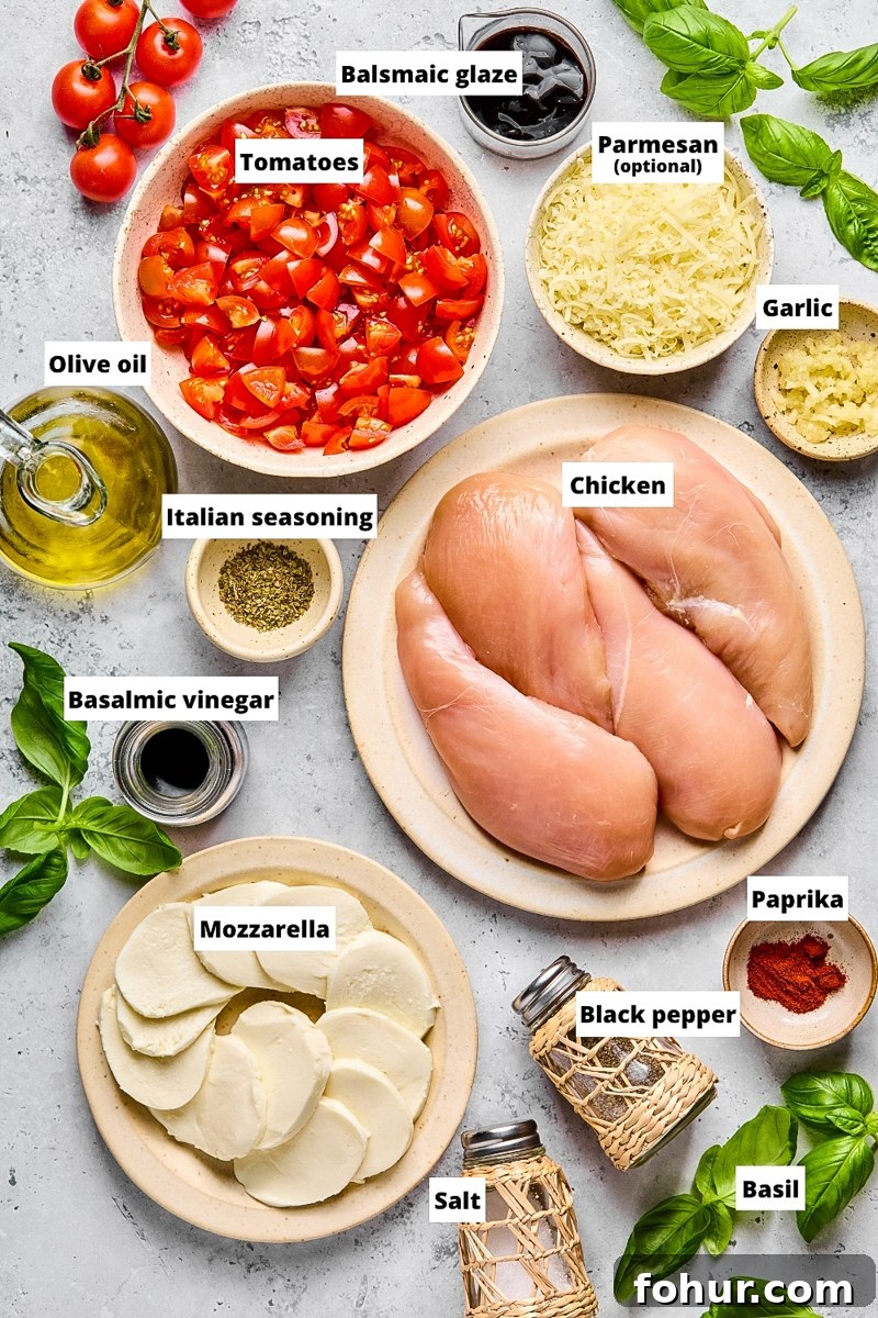 Bruschetta Chicken Recipe with Mozzarella and Balsamic Glaze 3 Ingredients used to make bruschetta chicken with mozzarella and balsamic glaze