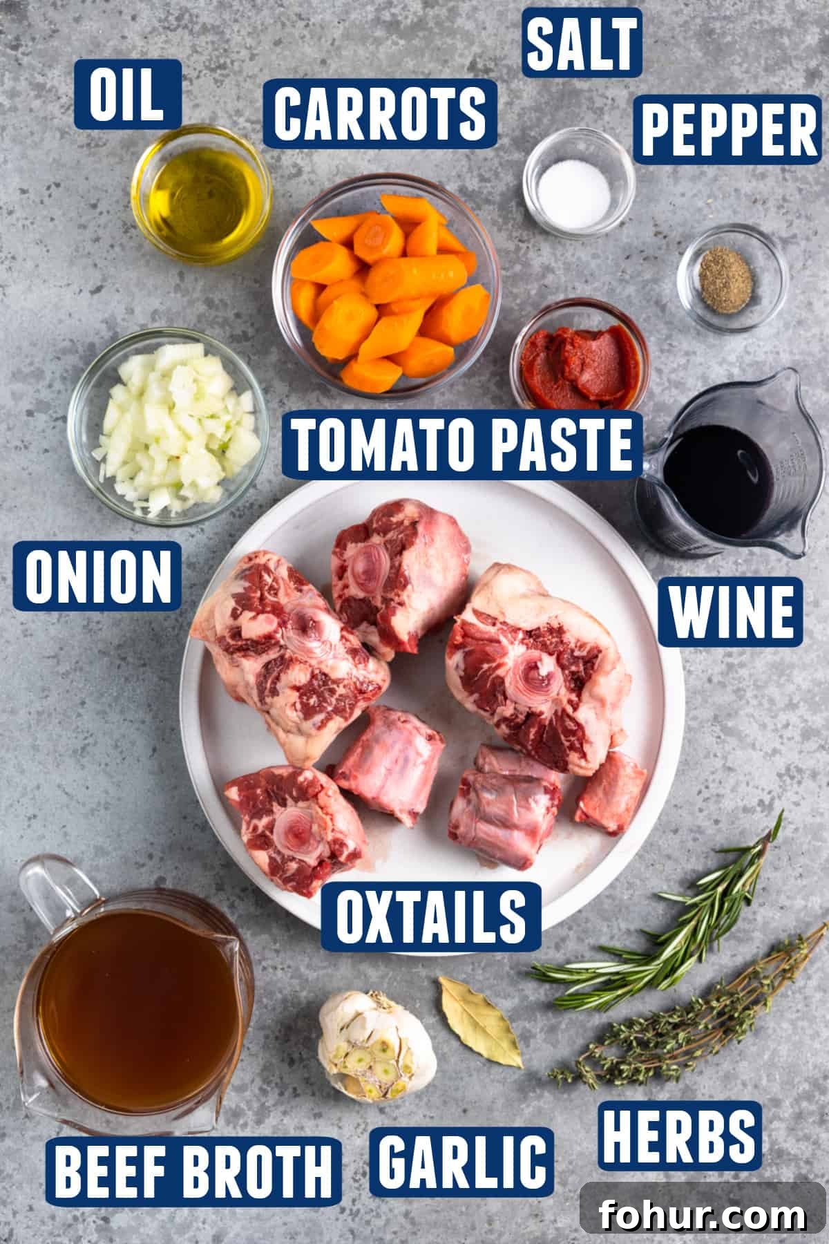 Slow-Braised Oxtail Recipe with Red Wine and Herbs 3 Ingredients needed to make braised oxtails laid out on the counter.