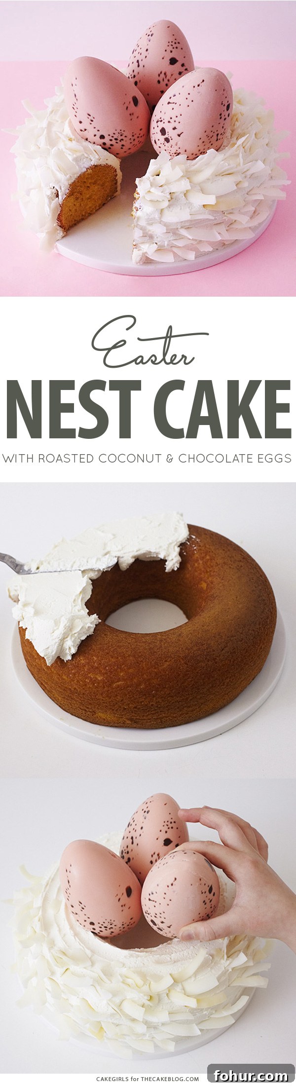 Chocolate Easter Nest Cake Recipe 2 Easter Nest Cake - how to make a nest cake with roasted coconut and chocolate eggs for Easter dessert | by Cakegirls for TheCakeBlog.com