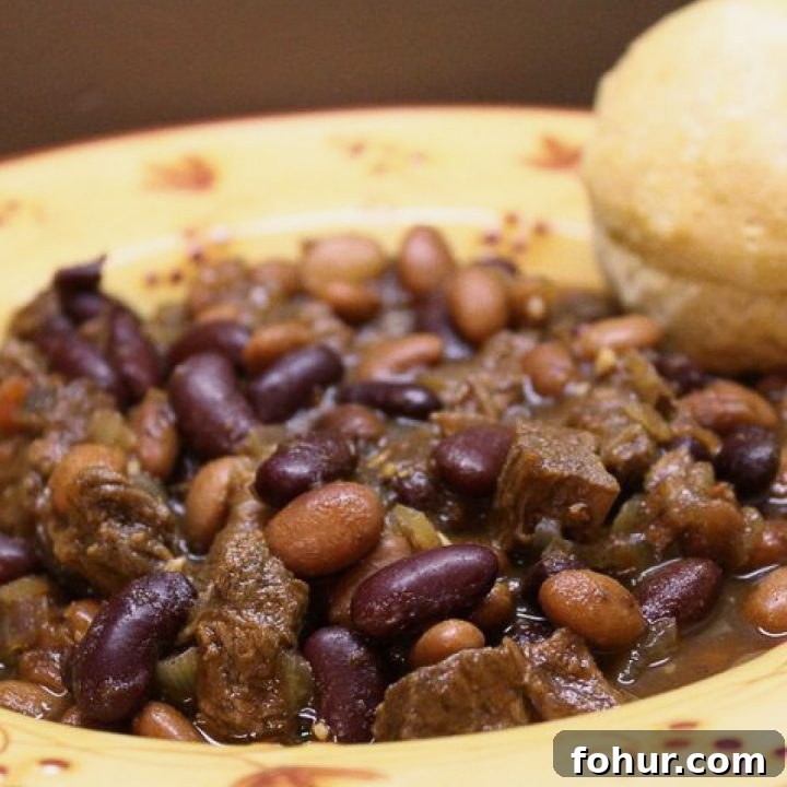 Kidney beans, pinto beans, and diced beef in a broth, all in a yellow soup bowl with red flowers. There is a biscuit on the rim of the bowl.