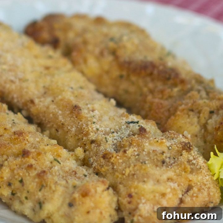 Three breaded chicken tenders on a white plate