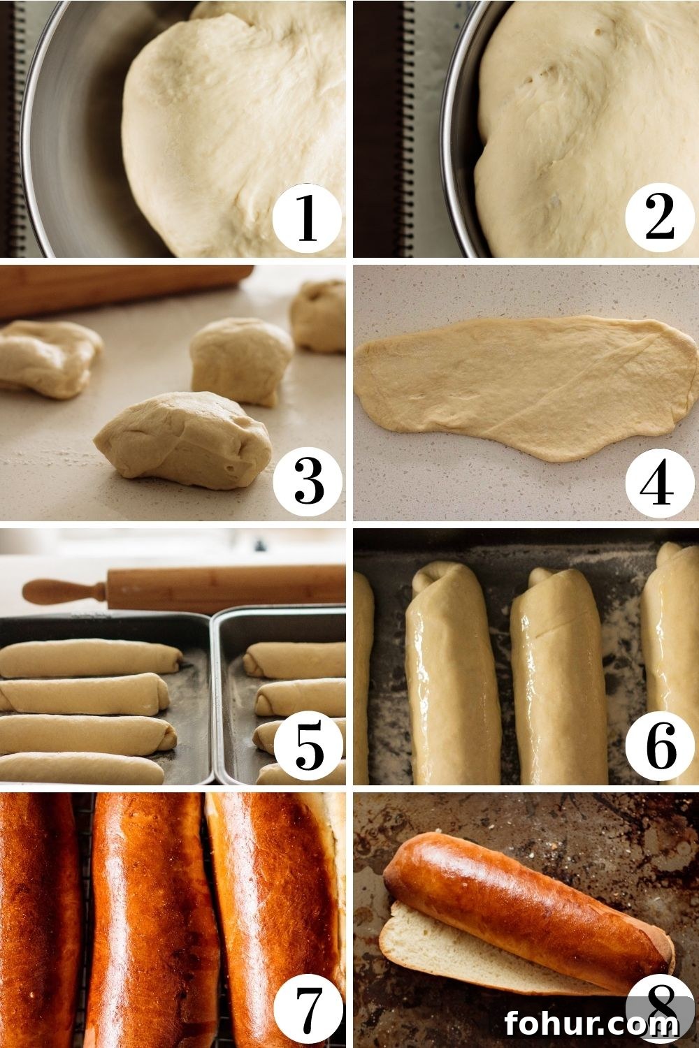 How to Make Brioche Hot Dog Buns from Scratch 5 Step by step collage of how to make hot dog buns.
