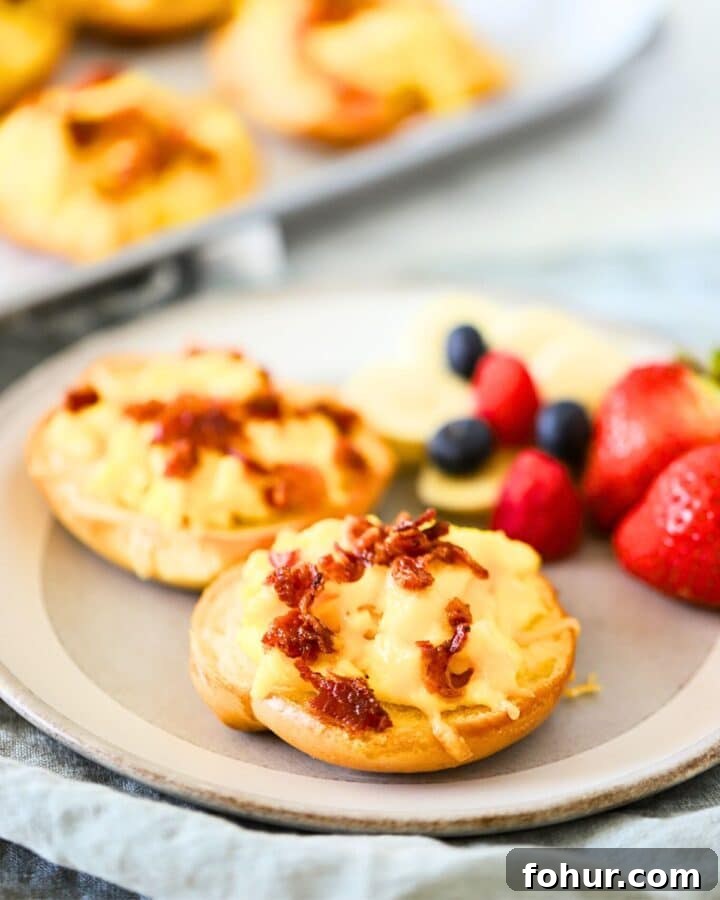 Breakfast Bagel Recipe with Egg, Bacon & Melted Cheese 6 Bagel topped with bacon and eggs on a plate.