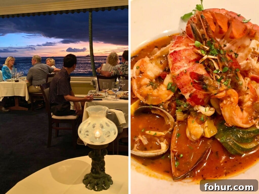 Where to Eat Fresh Seafood in Waikiki: 9 Restaurants 2 Left: A romantic sunset scene at Michel's at the Colony Surf French restaurant in Waikīkī. Right: The Seafood Bouillabaisse, French seafood stew dish.