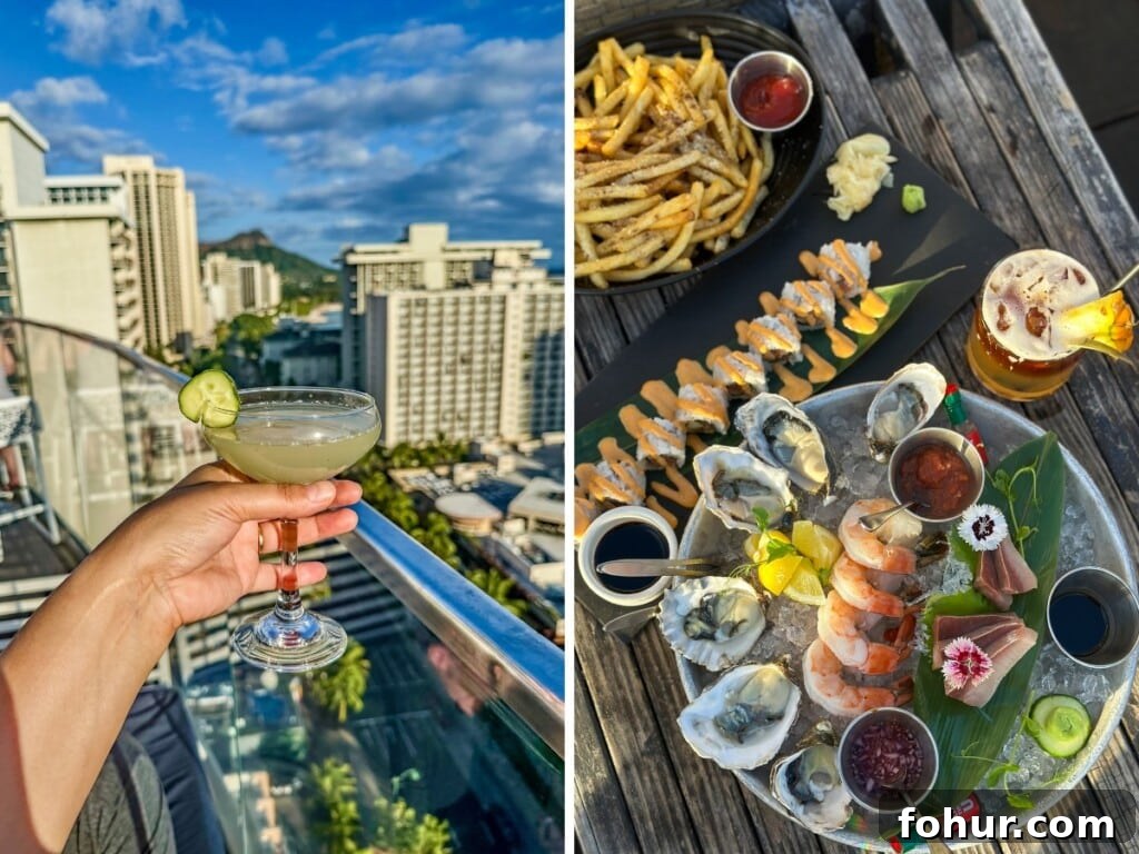 Where to Eat Fresh Seafood in Waikiki: 9 Restaurants 4 Left: SKY Waikiki Raw & Bar view of Waikīkī skyline with cocktail. Right: plates of Sushi and Sashimi, cocktails and fries.