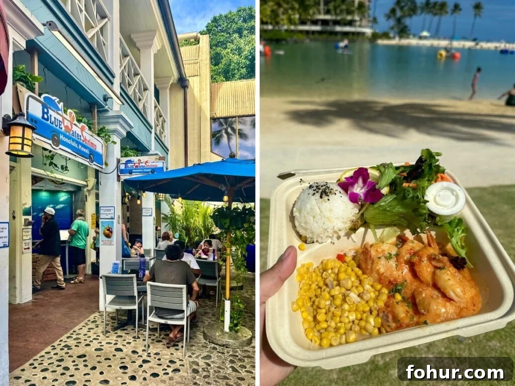 Where to Eat Fresh Seafood in Waikiki: 9 Restaurants 7 left: Blue Water Shrimp & Seafood Market. Right: Plate lunch of shrimp, rice and salad with view of the beach.