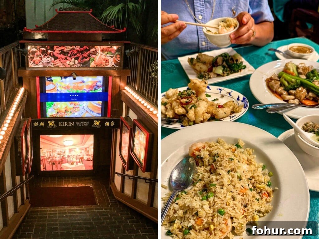 Where to Eat Fresh Seafood in Waikiki: 9 Restaurants 8 Left: Entrance of Kirin Restaurant at night. Right: Selection of seafood dishes and rice.