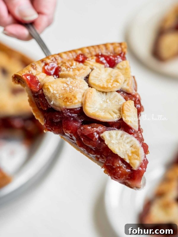 Classic Key Lime Pie Recipe with Graham Cracker Crust 5 Hand holding a slice of homemade cherry pie with slices in the background.