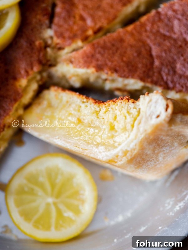 Classic Key Lime Pie Recipe with Graham Cracker Crust 7 Close up of lemon sponge pie with one slice on its side paired with a slice of lemon below it.