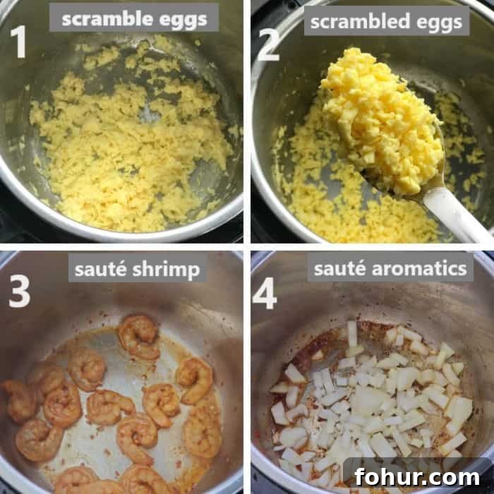 scrambling eggs, sauteing shrimp and sauteing aromatics
