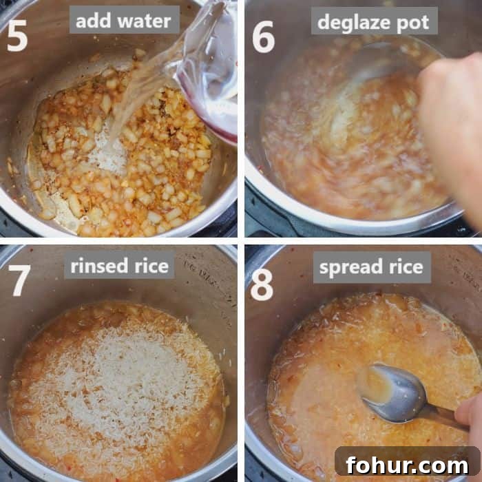 deglazing pot and spreading out rinsed rice in the instant pot with the help of a steel spatula