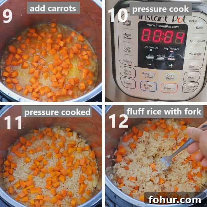 Pressure cooking and fluffing rice with a fork.