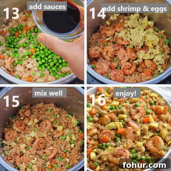 adding sauce, peas and proteins to the cooked rice