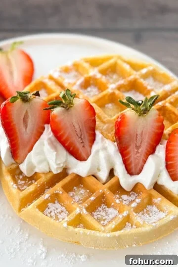 A crispy waffle on a white plate, garnished with whipped cream and fresh strawberries, dusted lightly with powdered sugar.